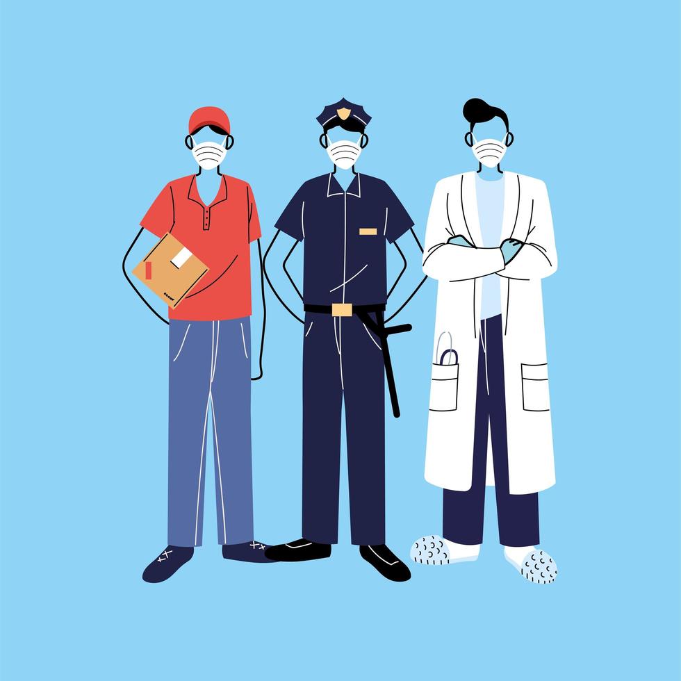 Various occupations with people wearing face masks vector