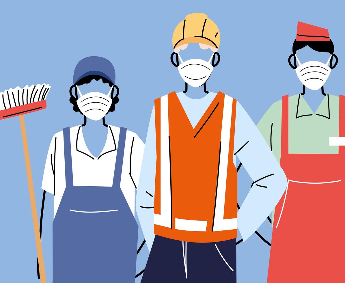 Various occupations with people wearing face masks vector
