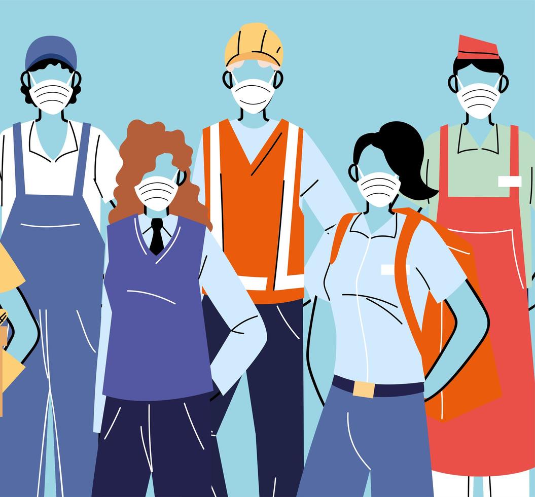 Various occupations with people wearing face masks vector