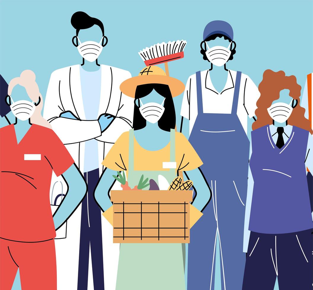 Various occupations with people wearing face masks vector