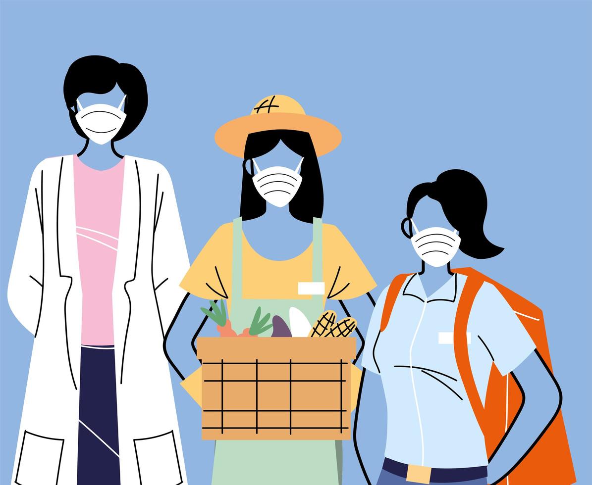 Various occupations with people wearing face masks vector