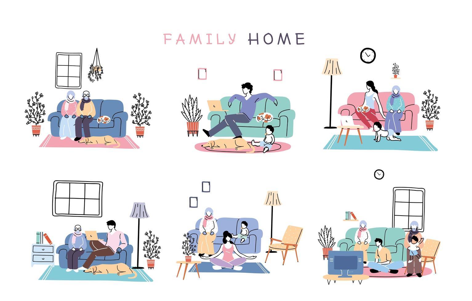 Isolation and social distancing set, stay home vector