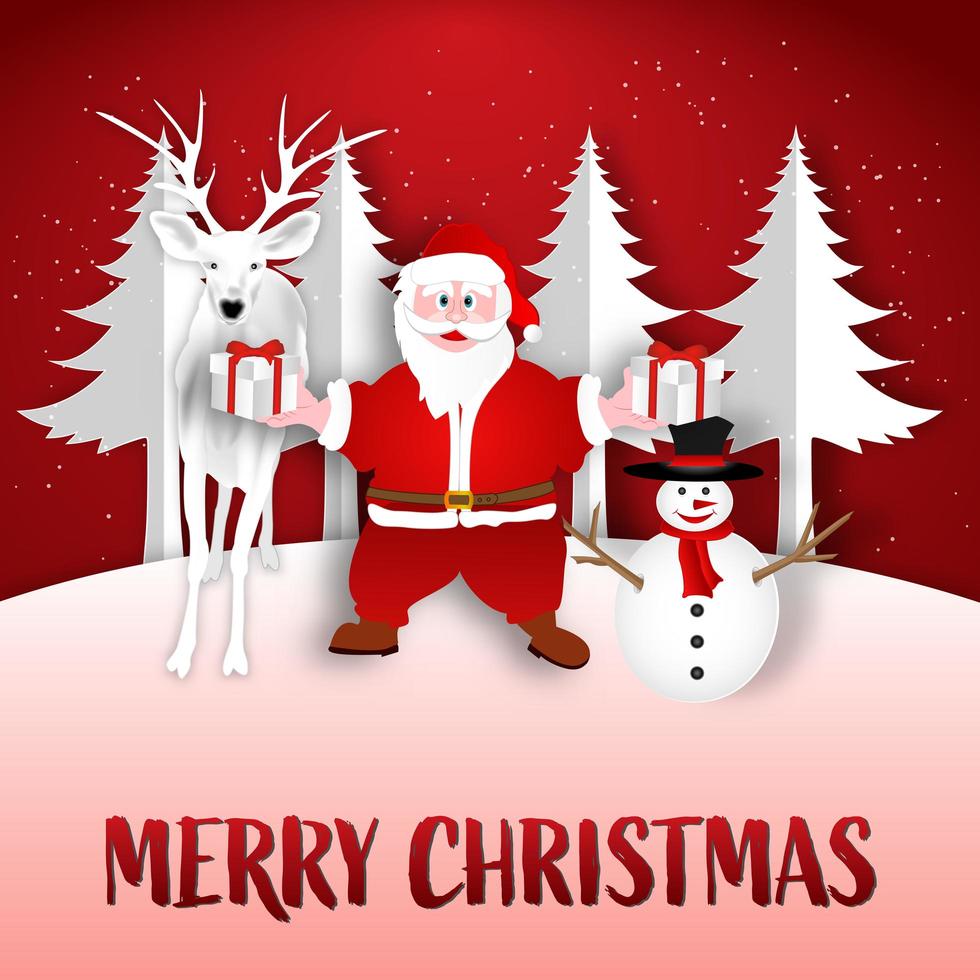 Paper art Santa holding gift with reindeer and snowman vector