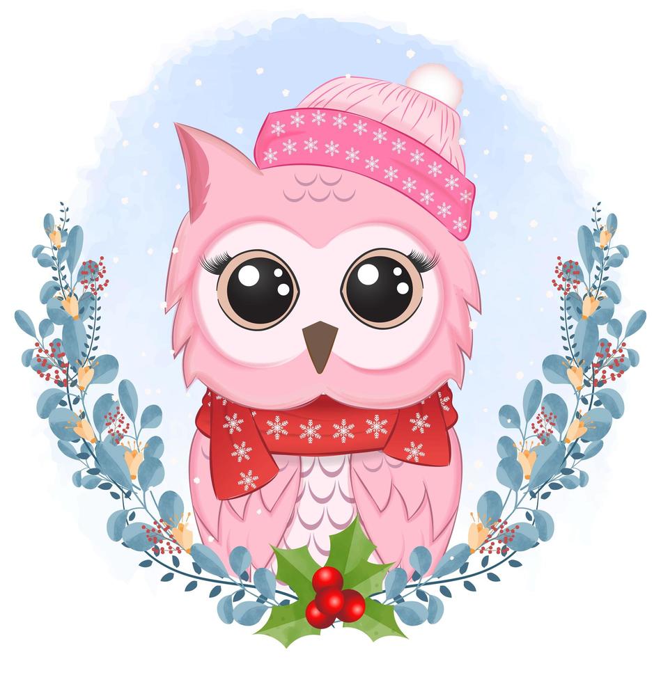 Owl with wreath for Christmas watercolor style design vector