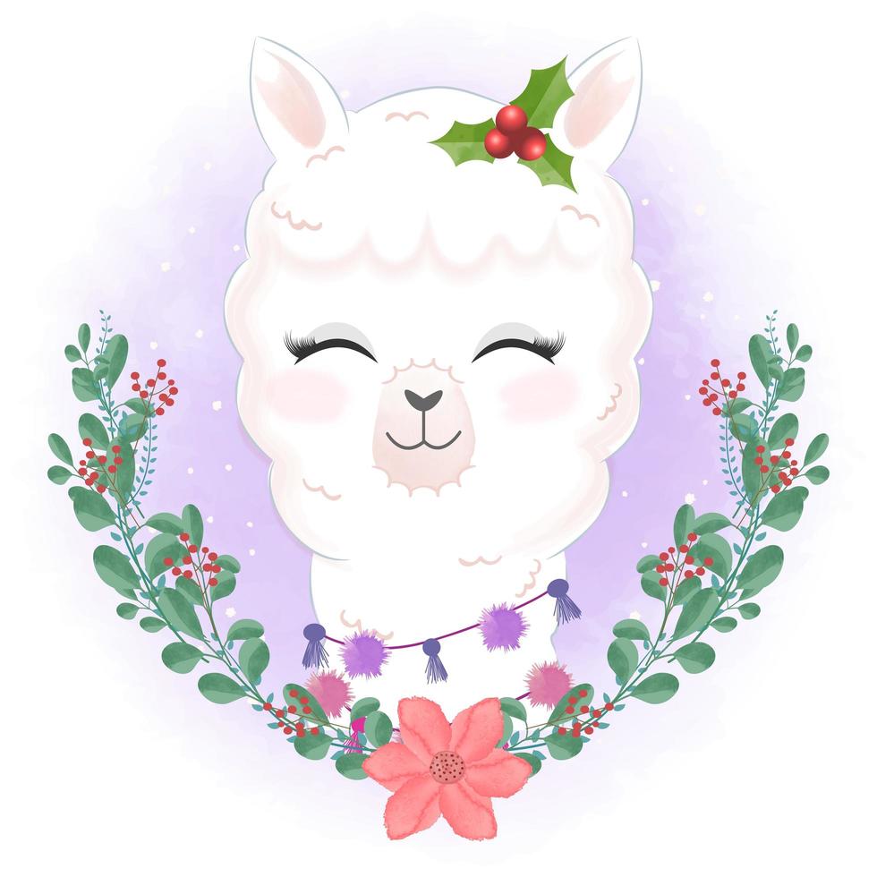 Llama with wreath for Christmas watercolor style design vector