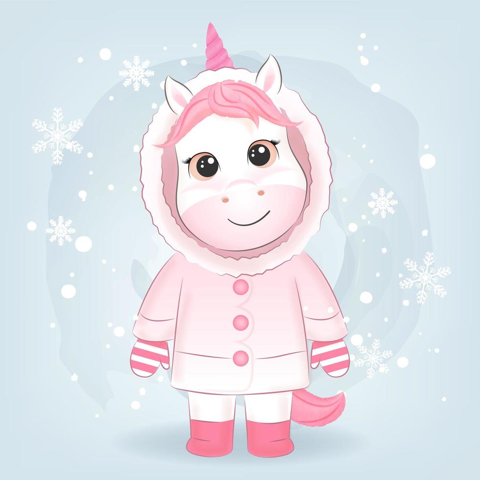 unicornio navideño en ropa de invierno diseño de estilo acuarela vector