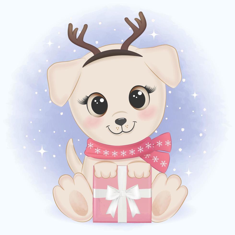Puppy with gift Christmas watercolor style design vector