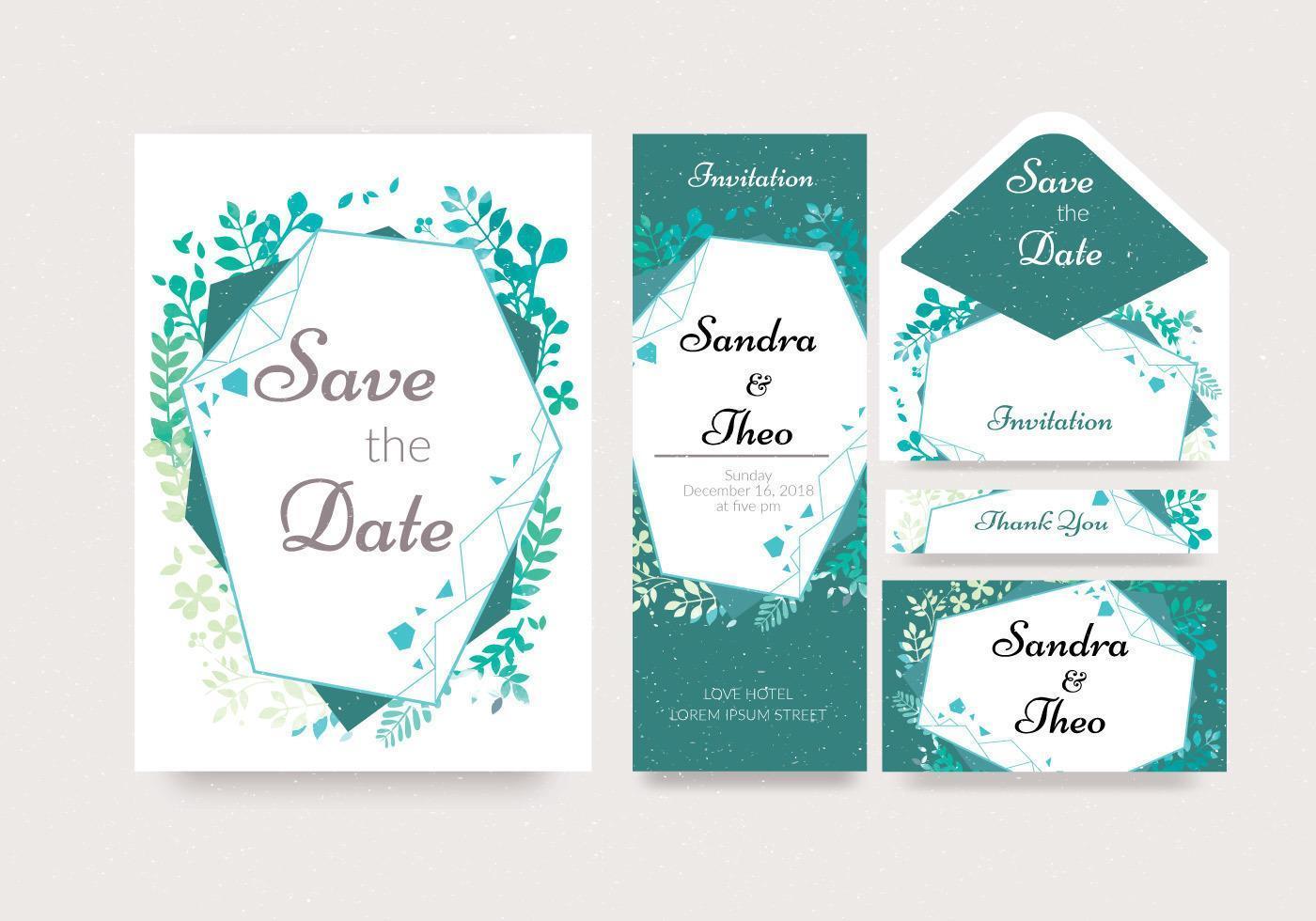 conjunto de invitación floral acuarela geométrica vector