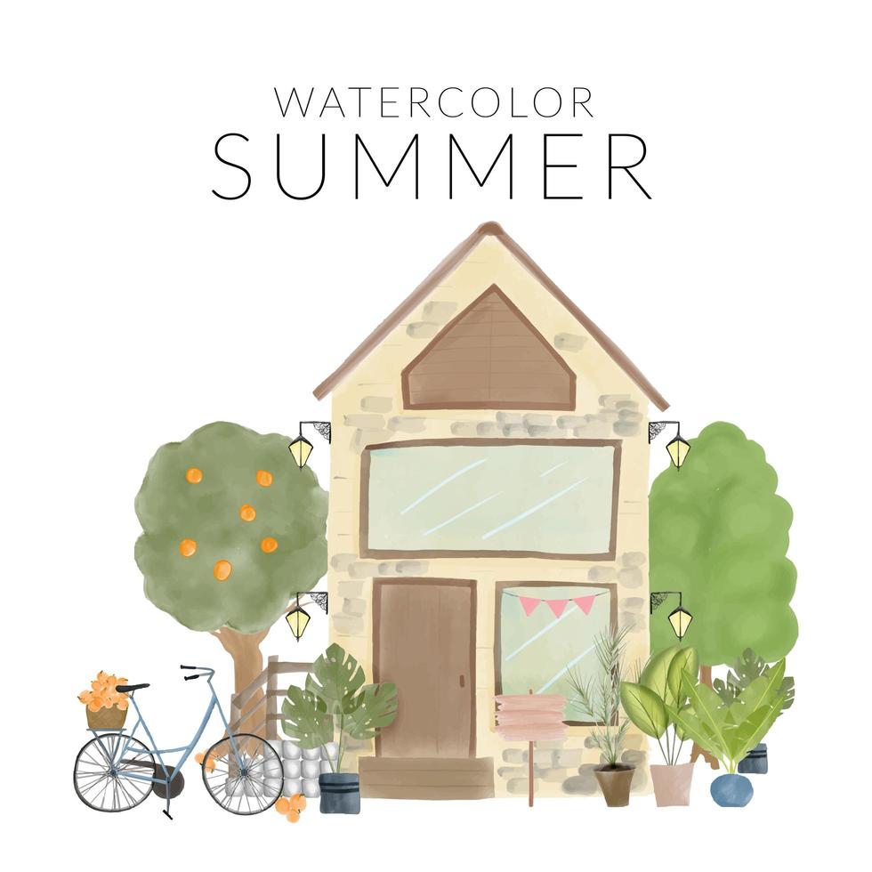 Watercolor summer scenery with home and garden vector