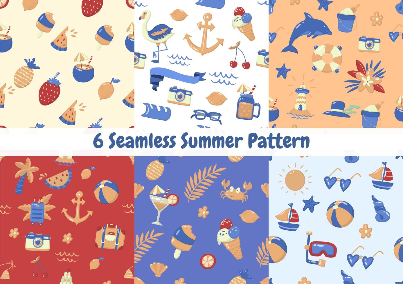 Cartoon style summer element seamless pattern set vector