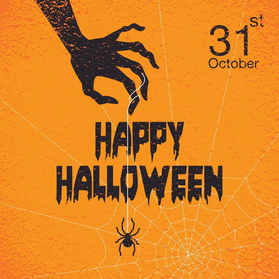 cartel de halloween grunge con mano sosteniendo tela de araña vector