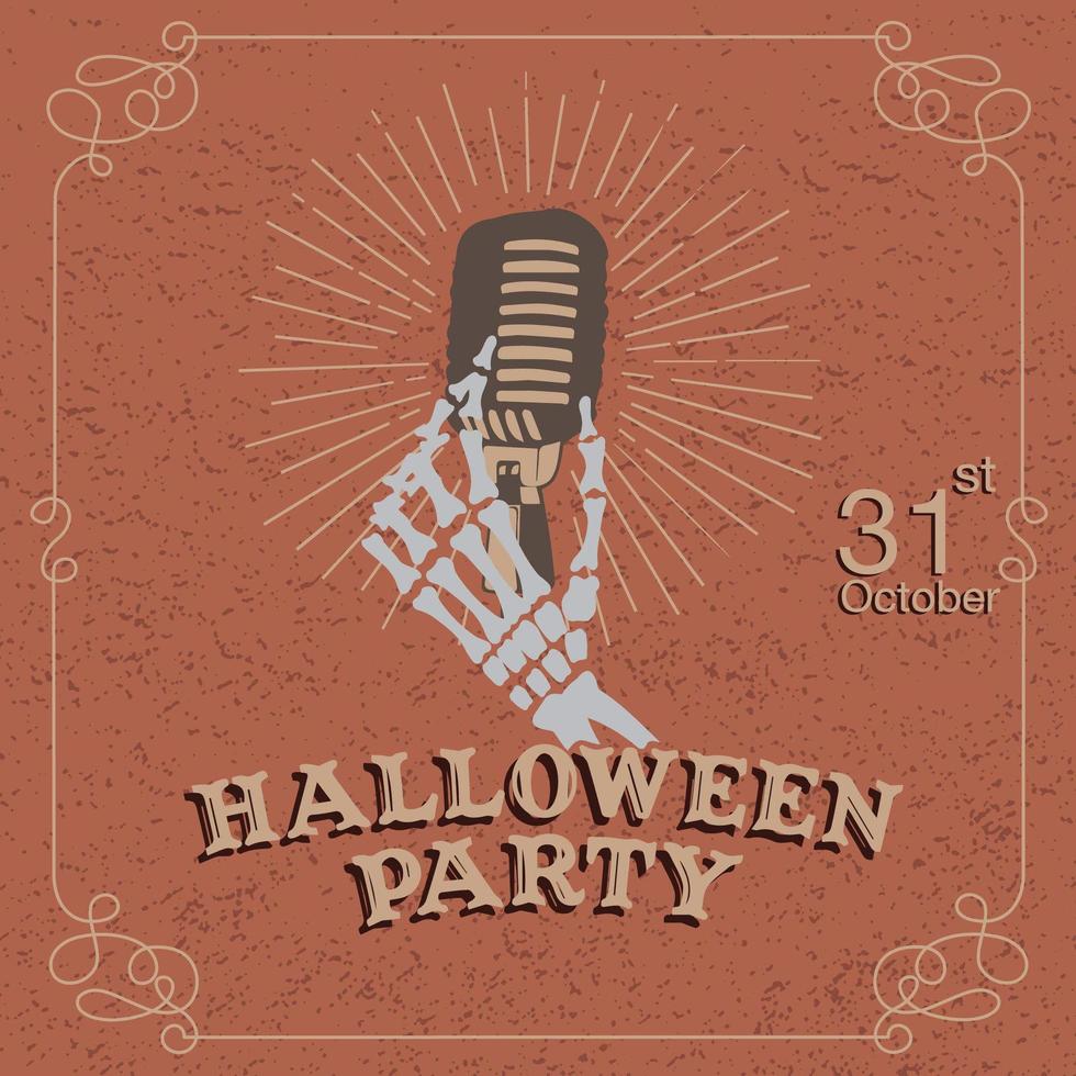 Halloween party poster with skeleton hand holding microphone vector