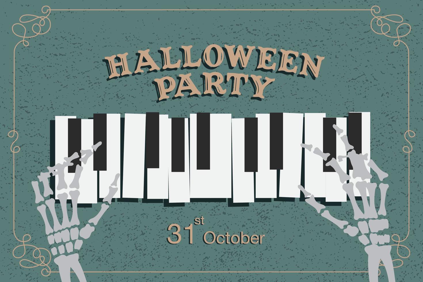 cartel de fiesta de halloween con manos de esqueleto tocando el piano vector