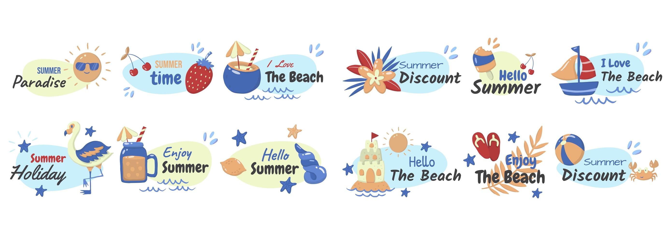 Cartoon style summer phrase and element set vector