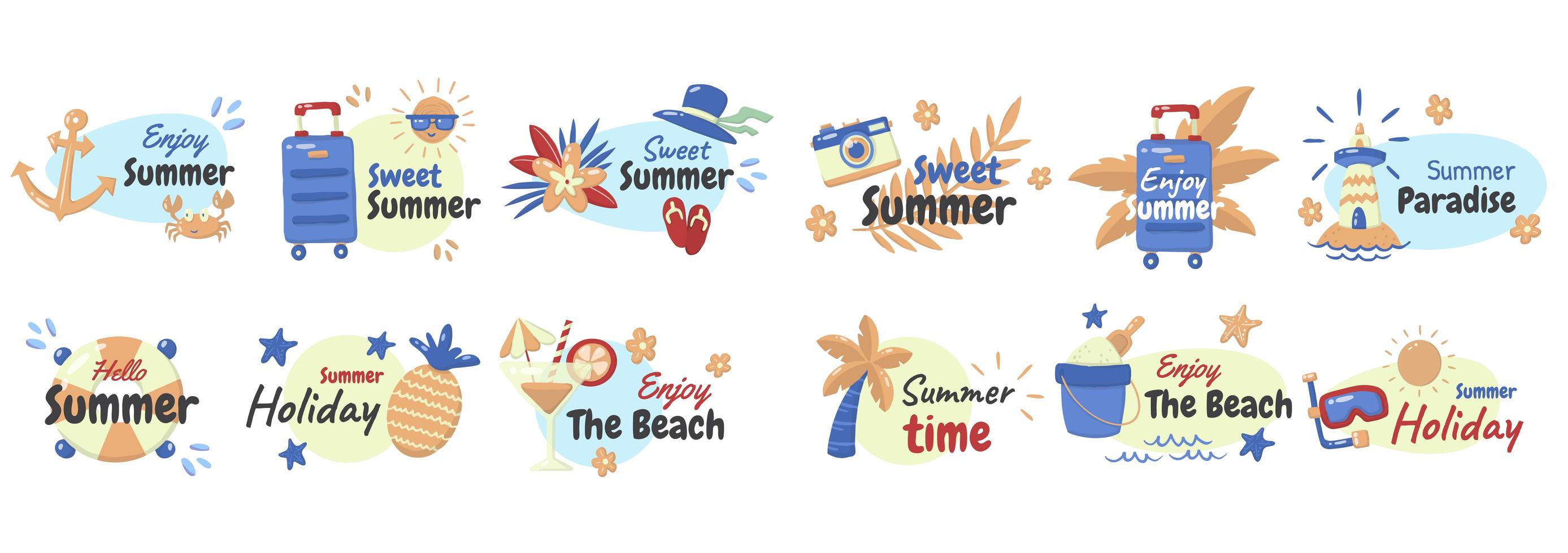 Cartoon style summer phrase and element set vector