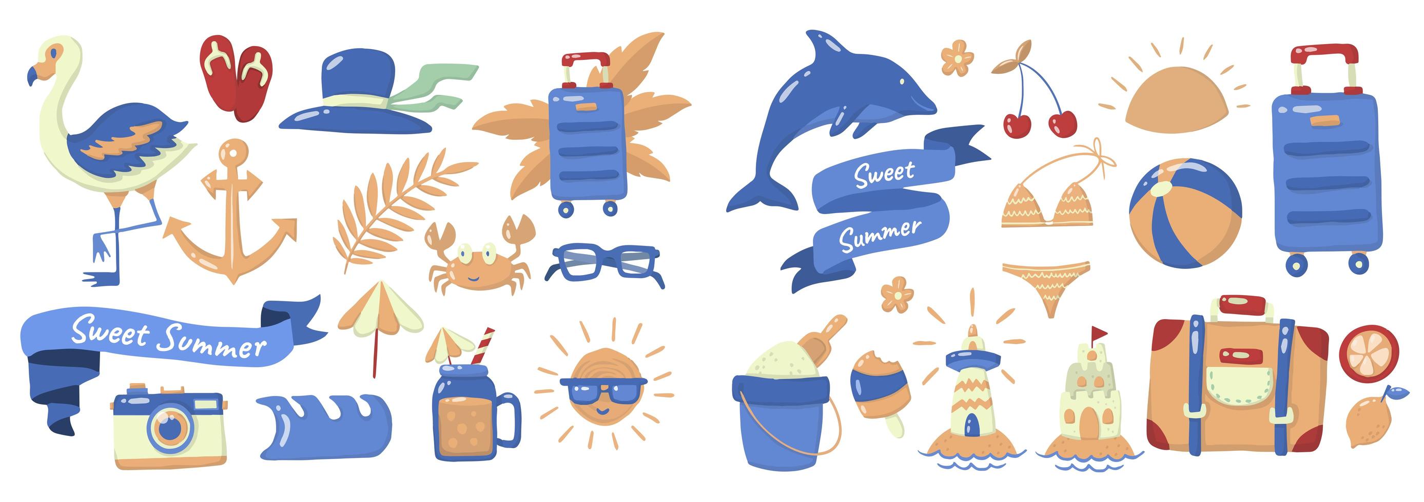 Cartoon style summer element set vector