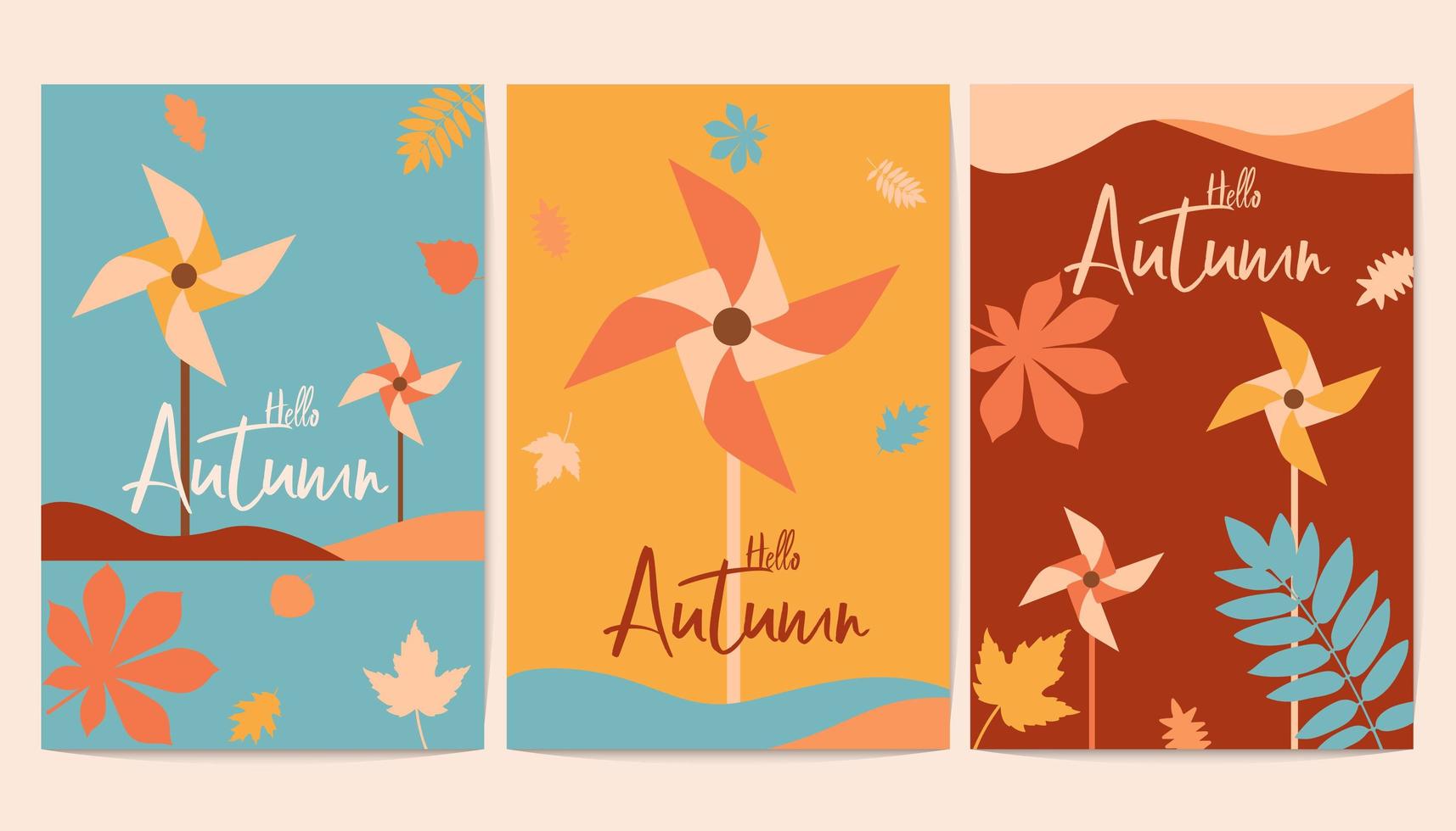 hola otoño carteles con coloridos molinetes vector