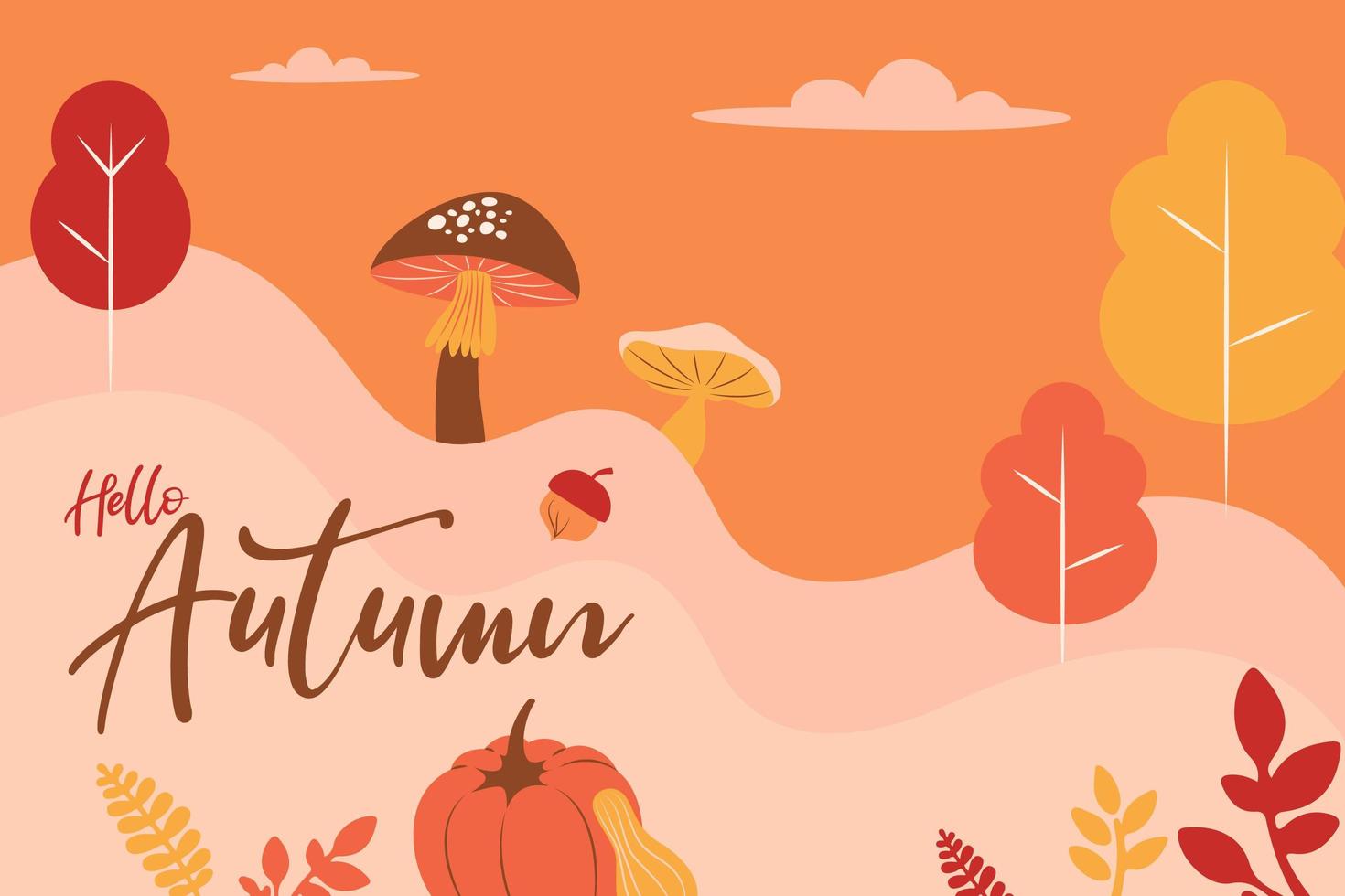 Hello autumn rustic mushroom, pumpkin, foliage landscape vector