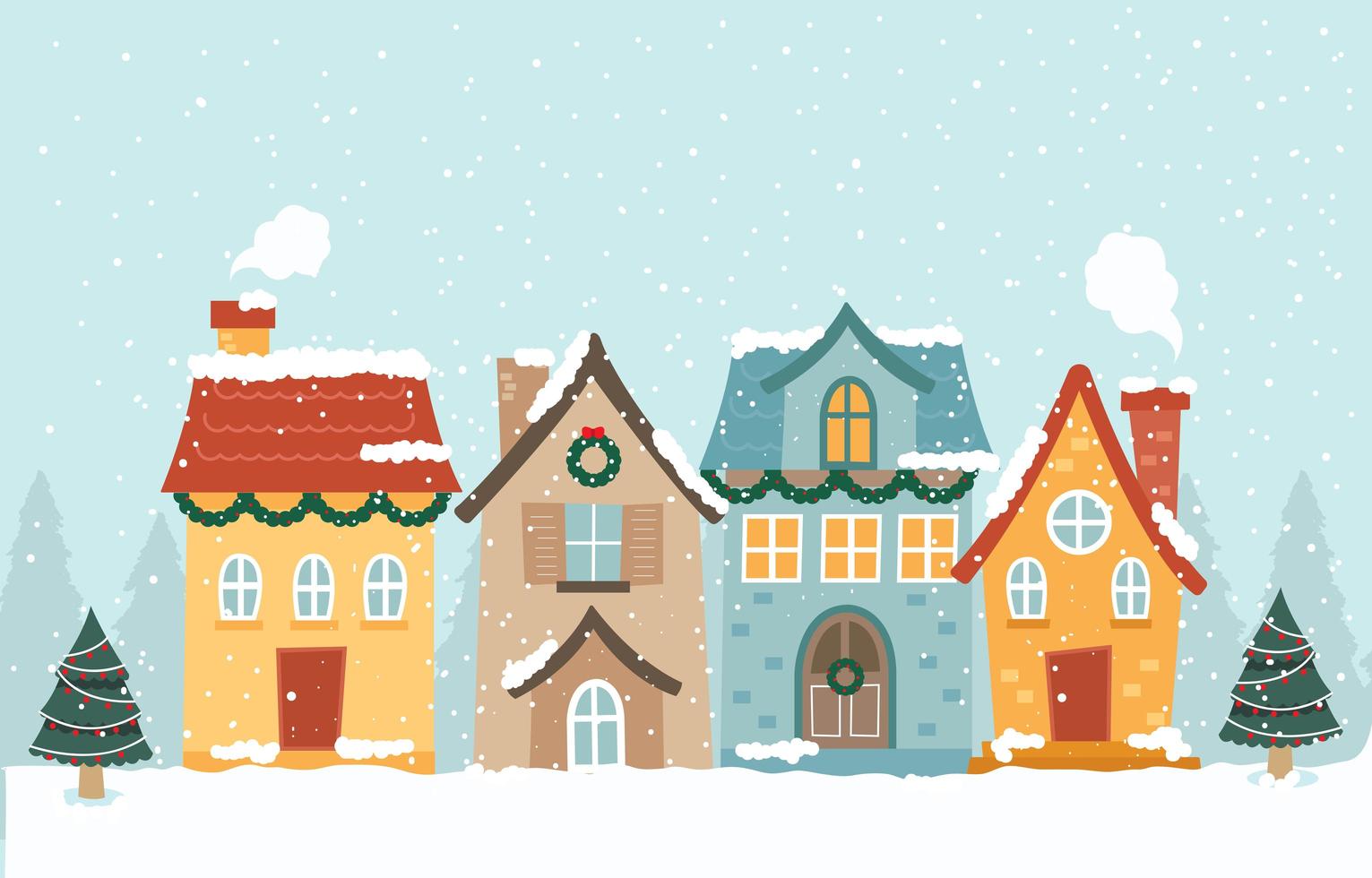 Four House Covered in Snow During Winter Season vector