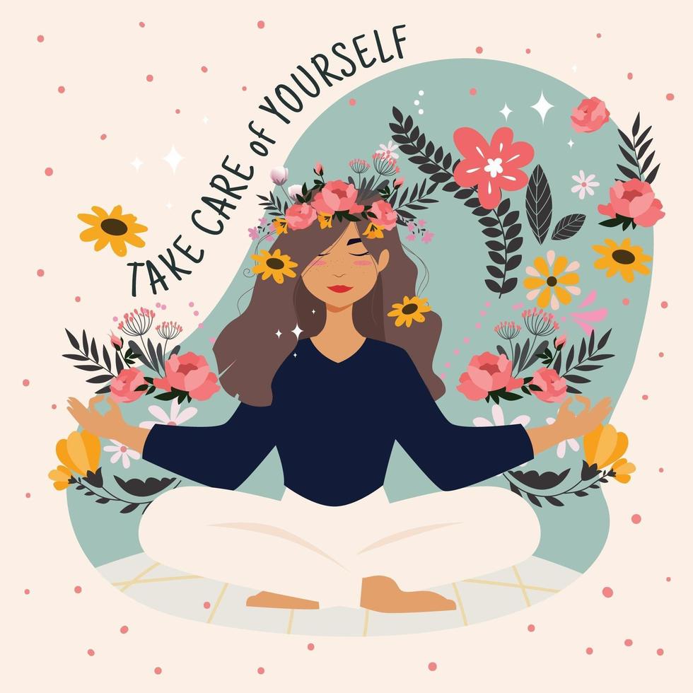 Meditating Woman Surrounded by Flowers vector