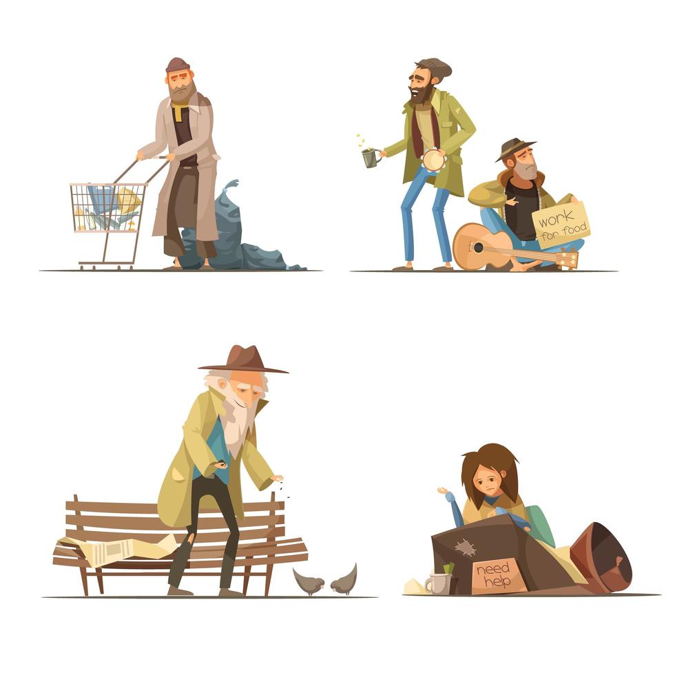 Cartoon homeless people set vector