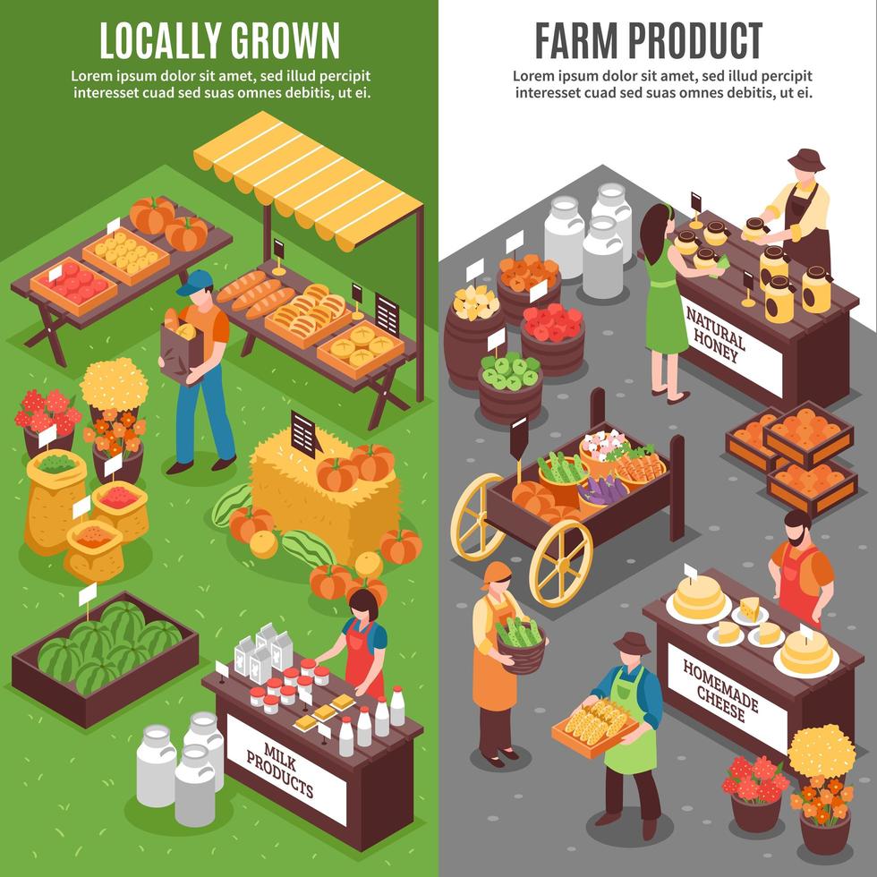 Isometric farmers market vertical banner set vector