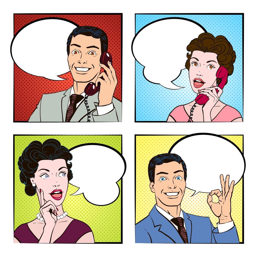 Set of people talking in a comic strip vector