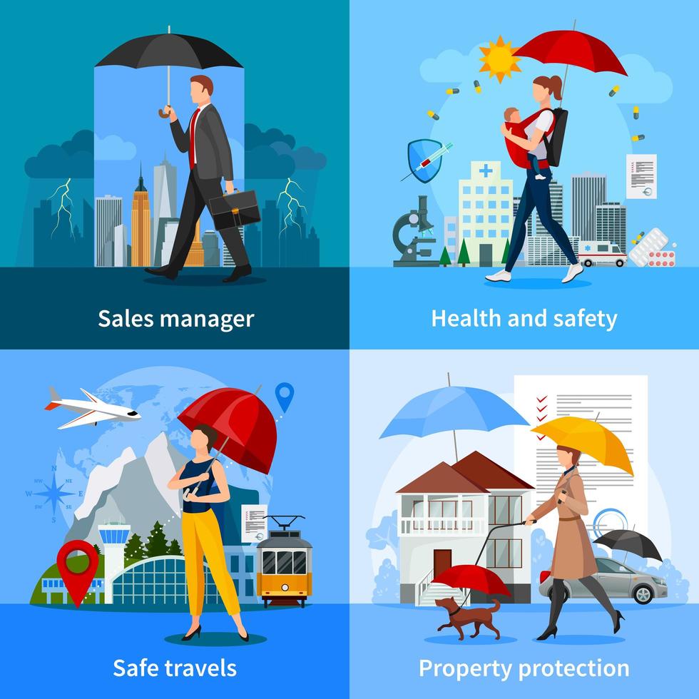 People with umbrella for insurance concept set vector