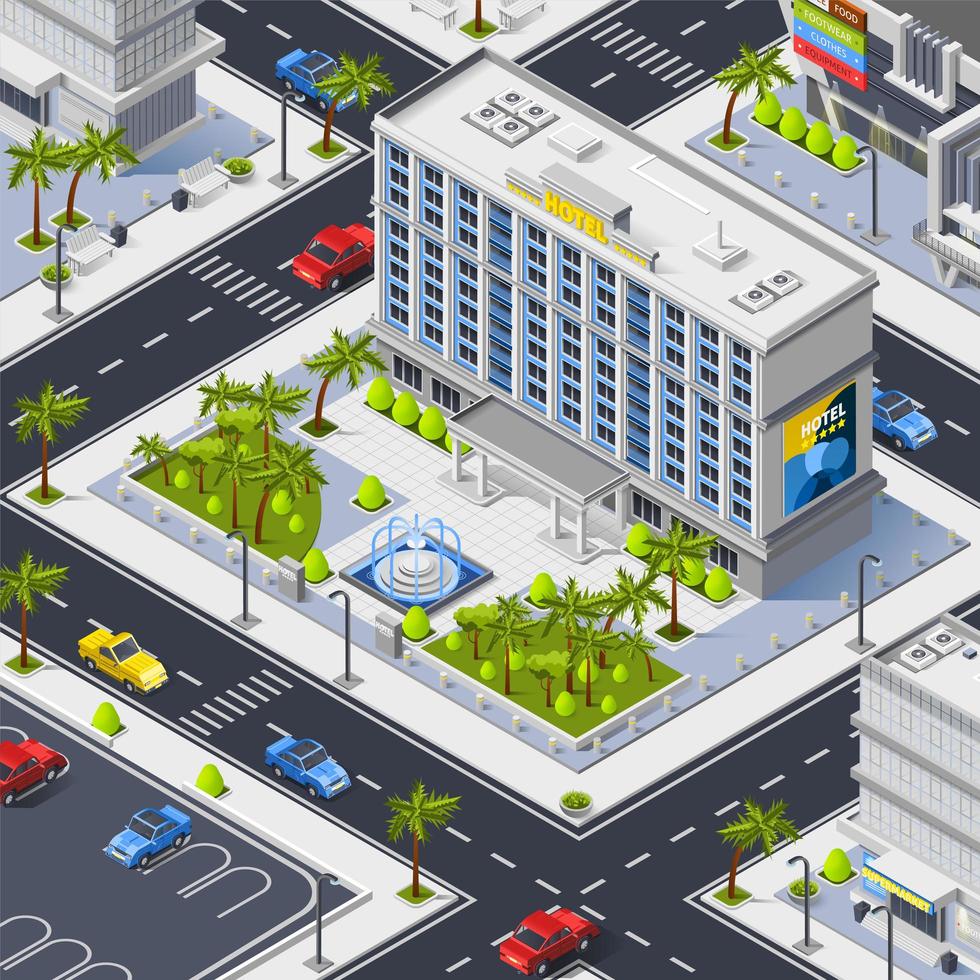 Isometric luxury hotel building composition vector