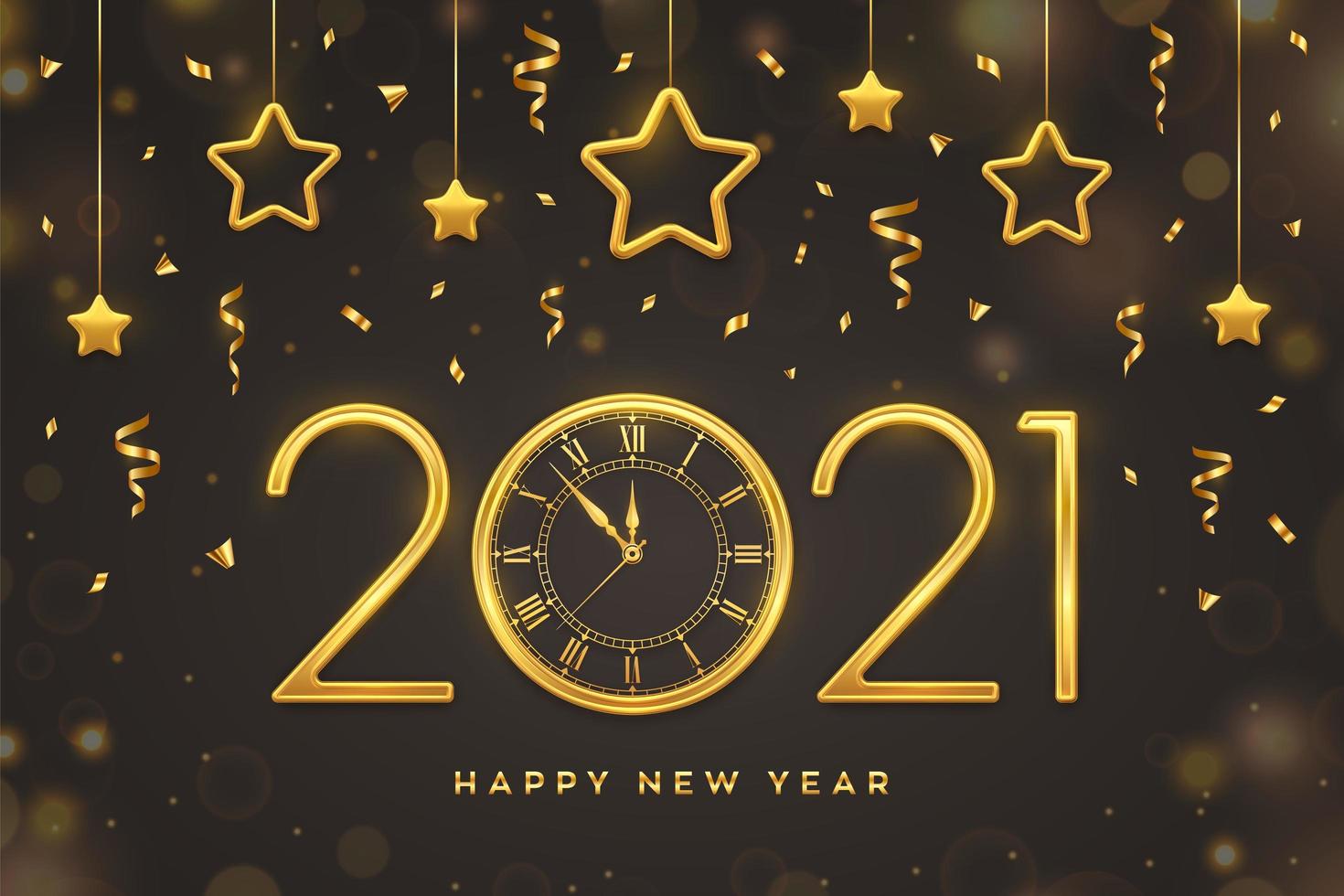 New Years golden text, clock and hanging stars vector