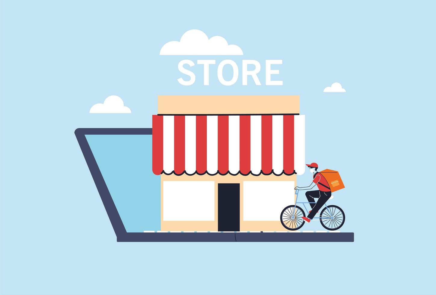 Delivery man with protective face mask on bicycle vector