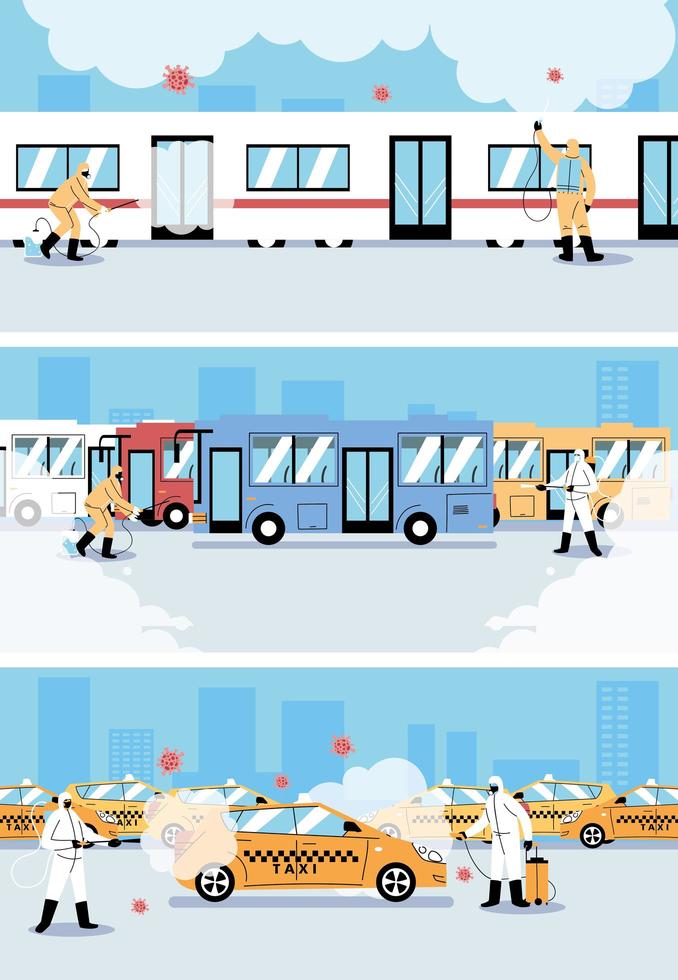 Men wearing a protective suit disinfects vehicles vector