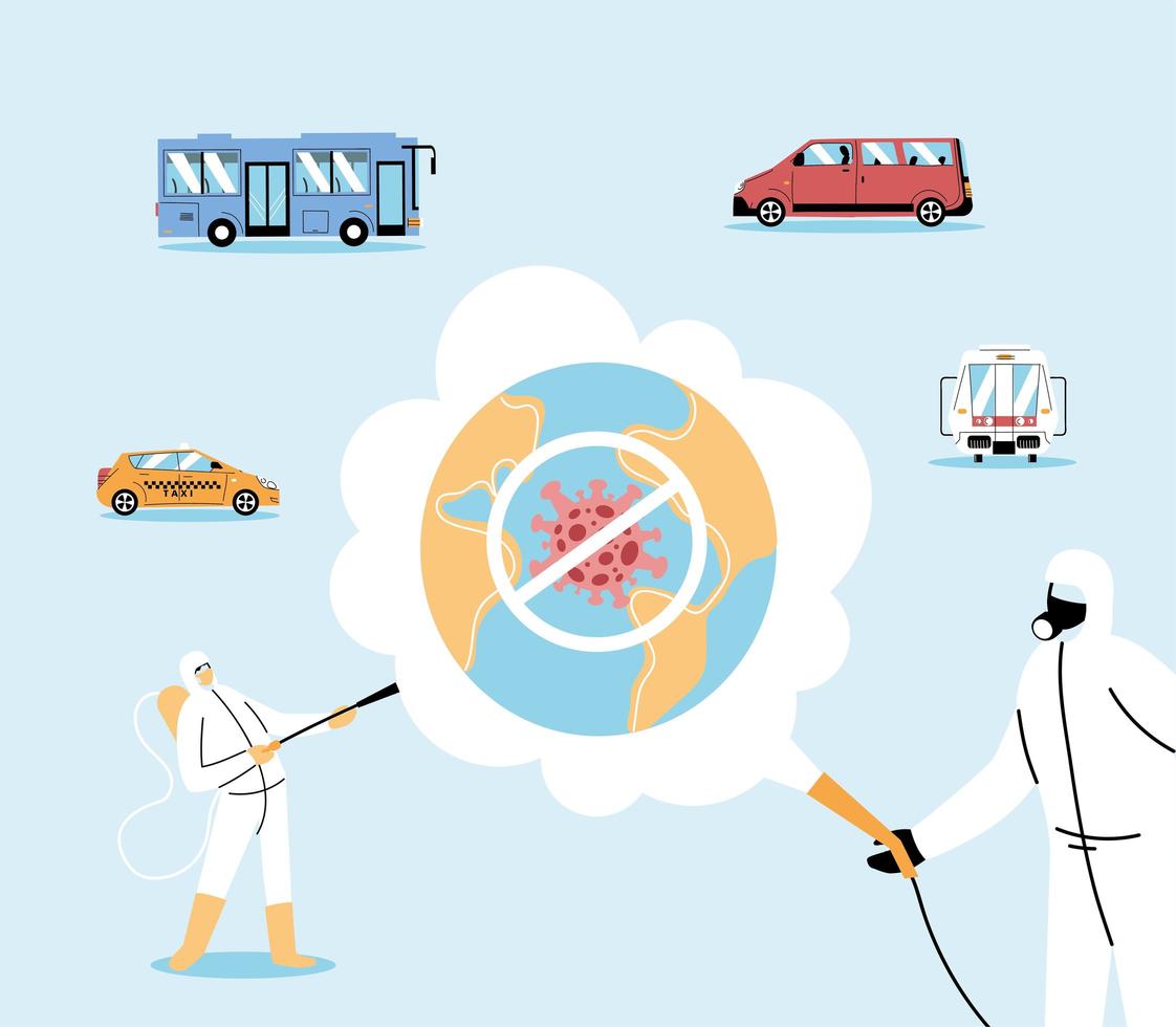 Men wearing a protective suit disinfects vehicles vector