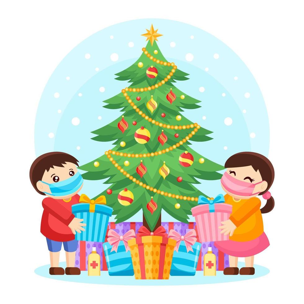 Children Exchange Christmas Gifts with New Normal Protocol vector