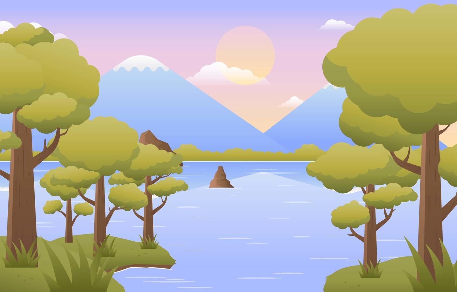 Scenery of River Bank with Trees and Mountain vector