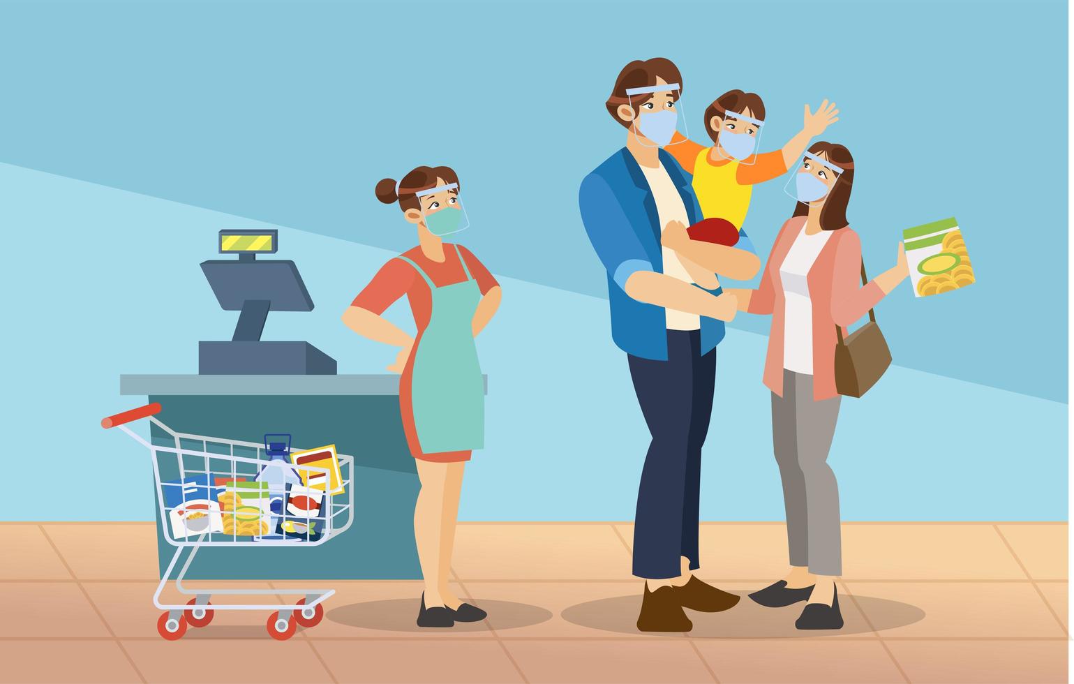 Family Grocery Shopping at The Supermarket vector