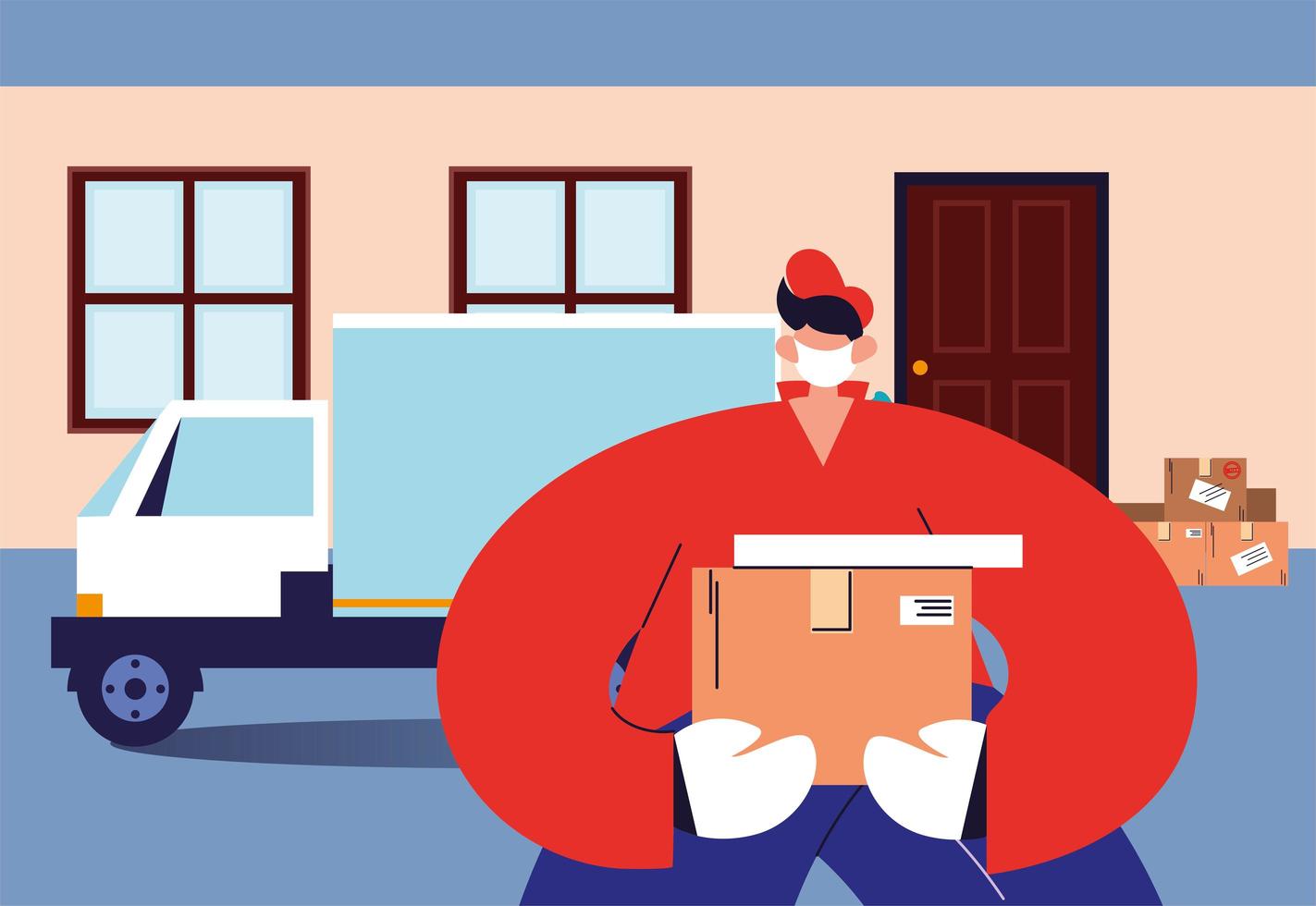 Delivery man with mask carries the cardboard boxes vector