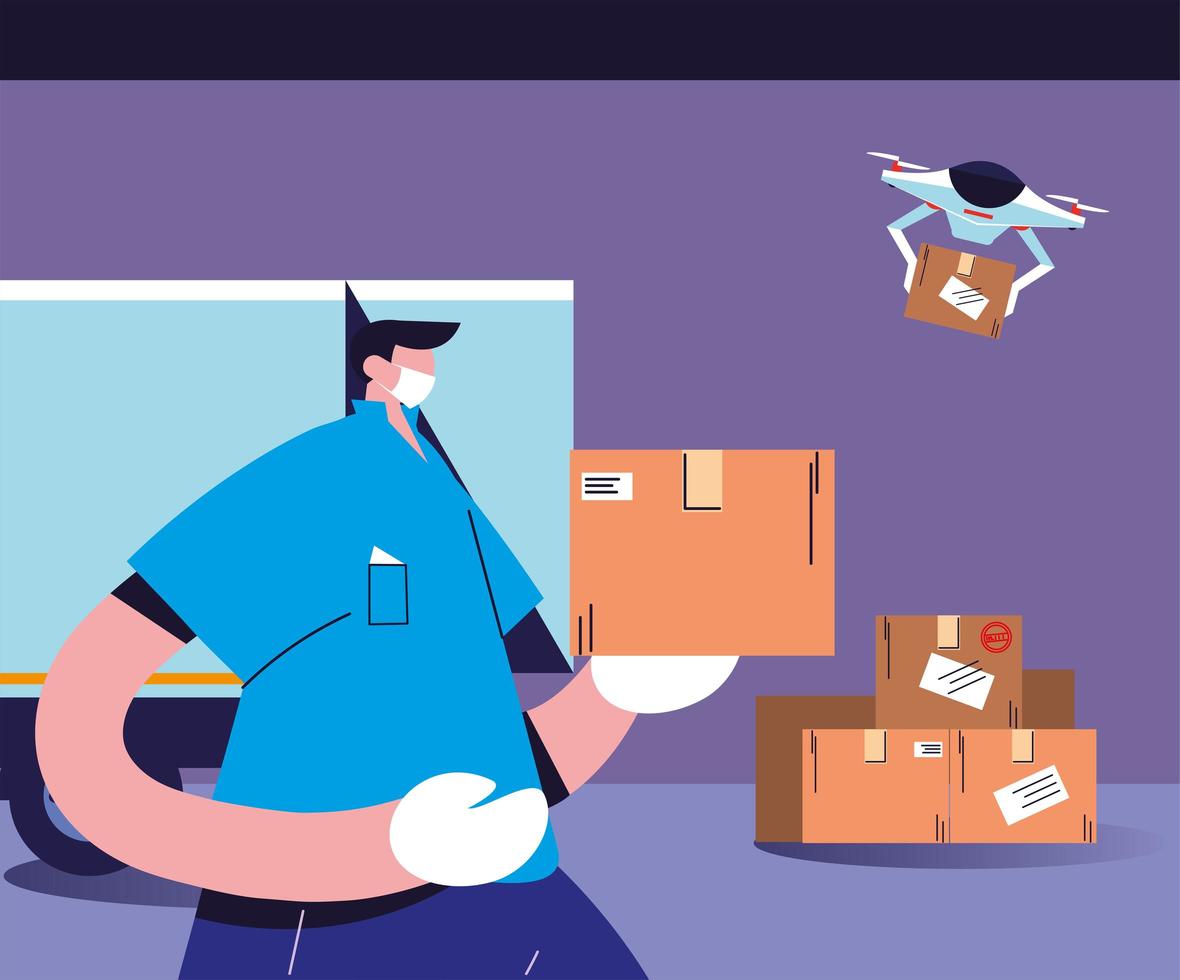 Delivery man with mask carries the cardboard boxes vector