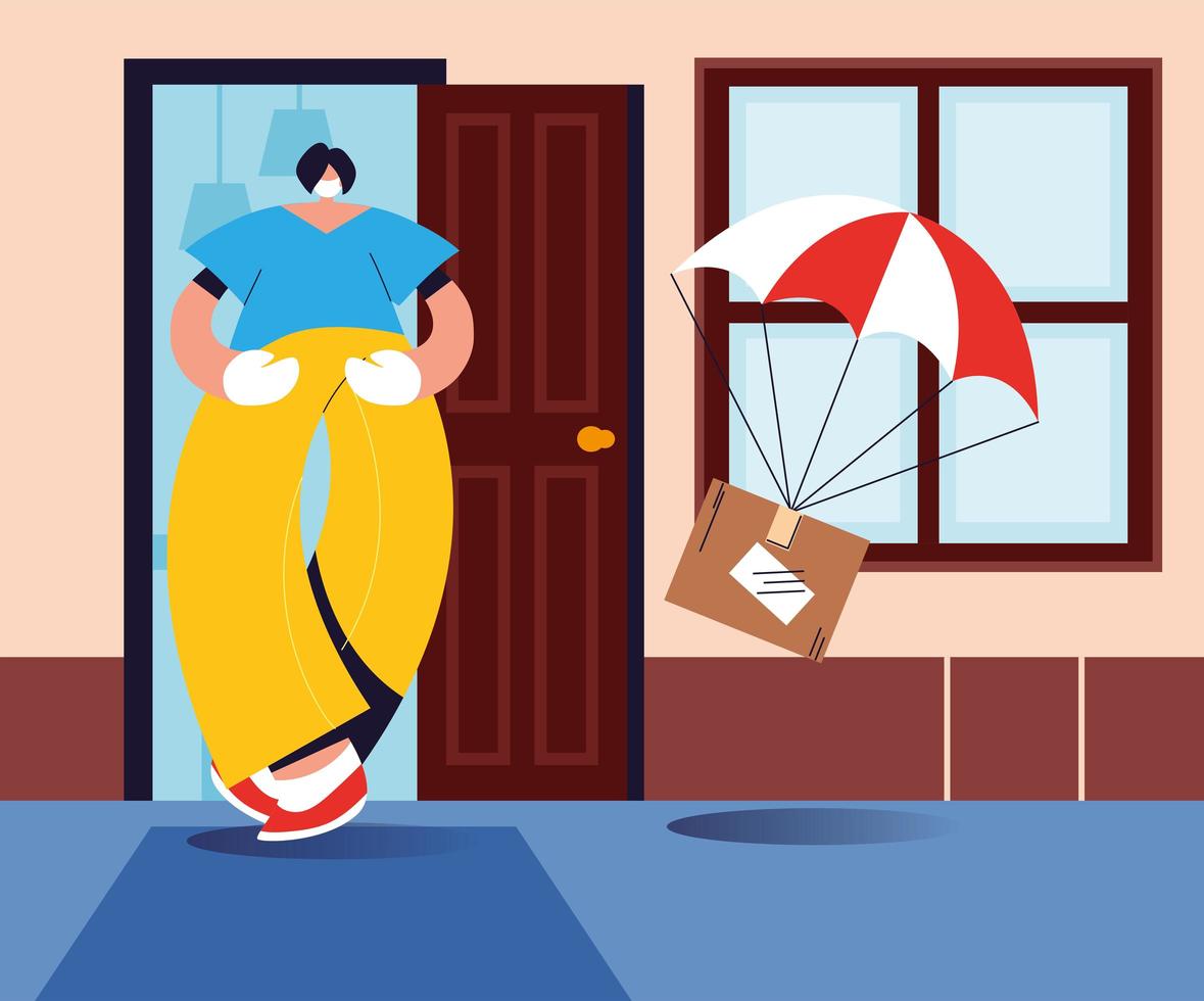 Man catching parcel box falling down with parachute vector