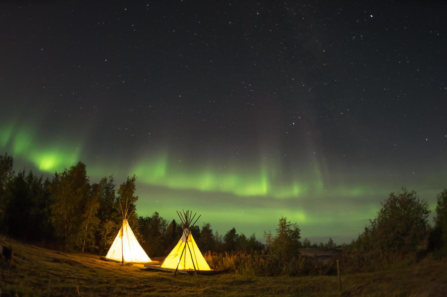 Camping tent in forest during midnight photo