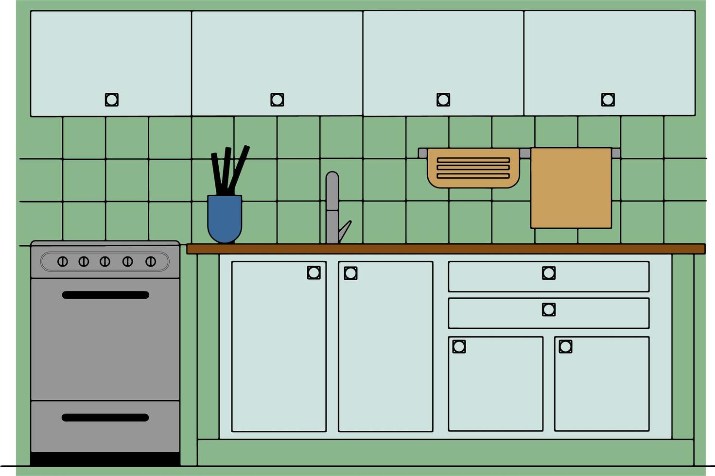 escena de cocina verde retro vector