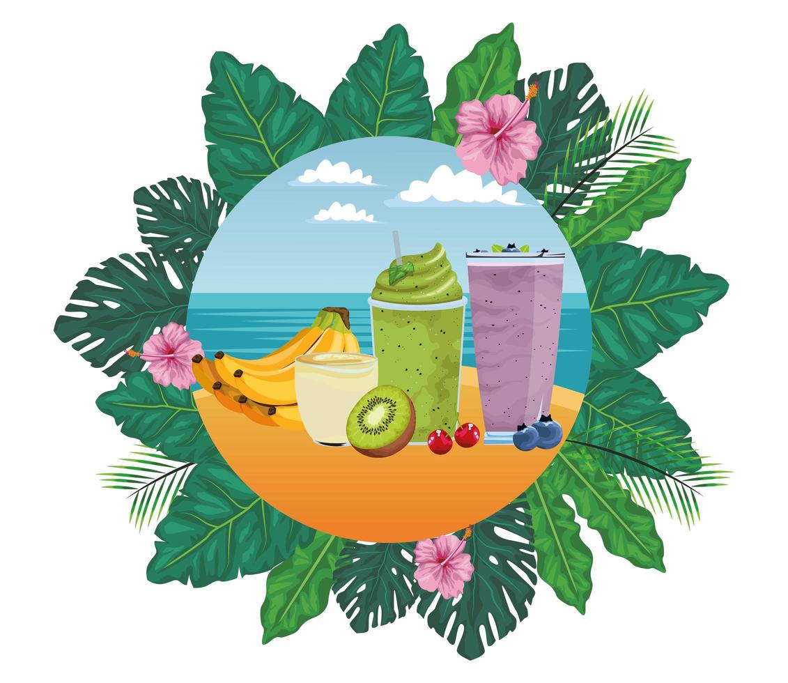 Tropical fruit and smoothie drink wreath vector