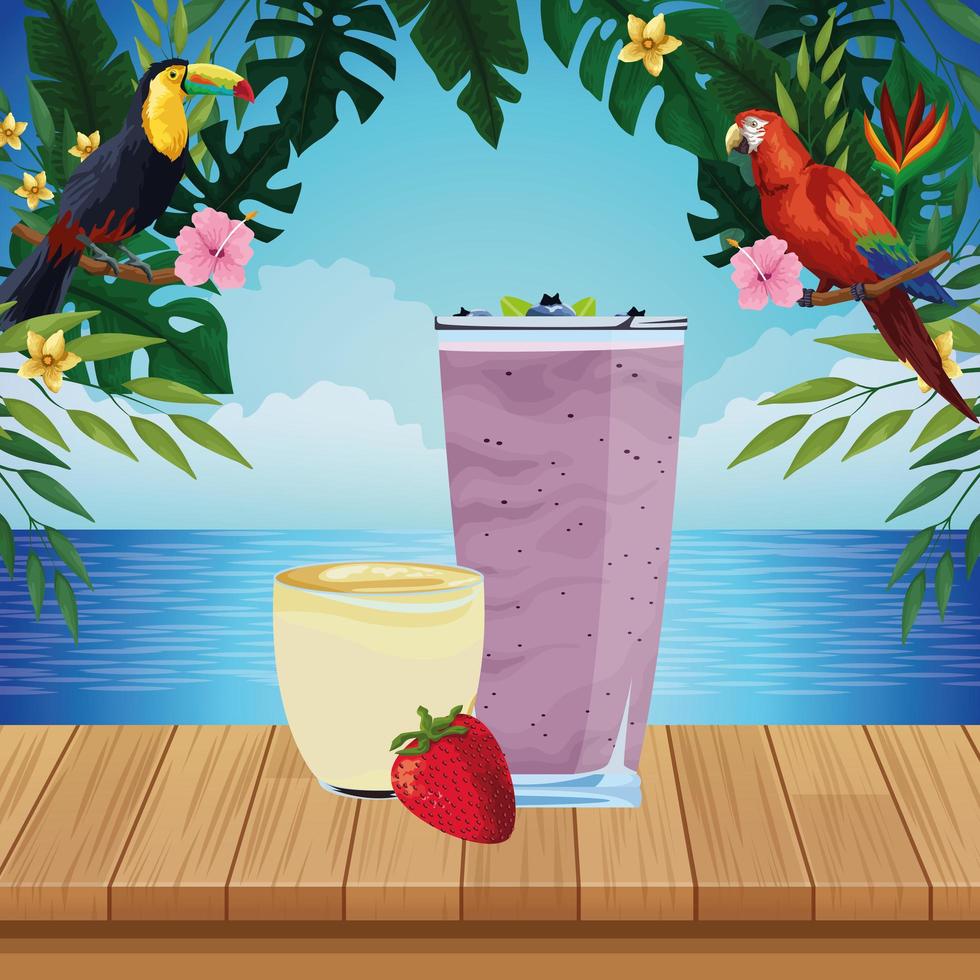 Tropical fruit and smoothie drink water scene vector