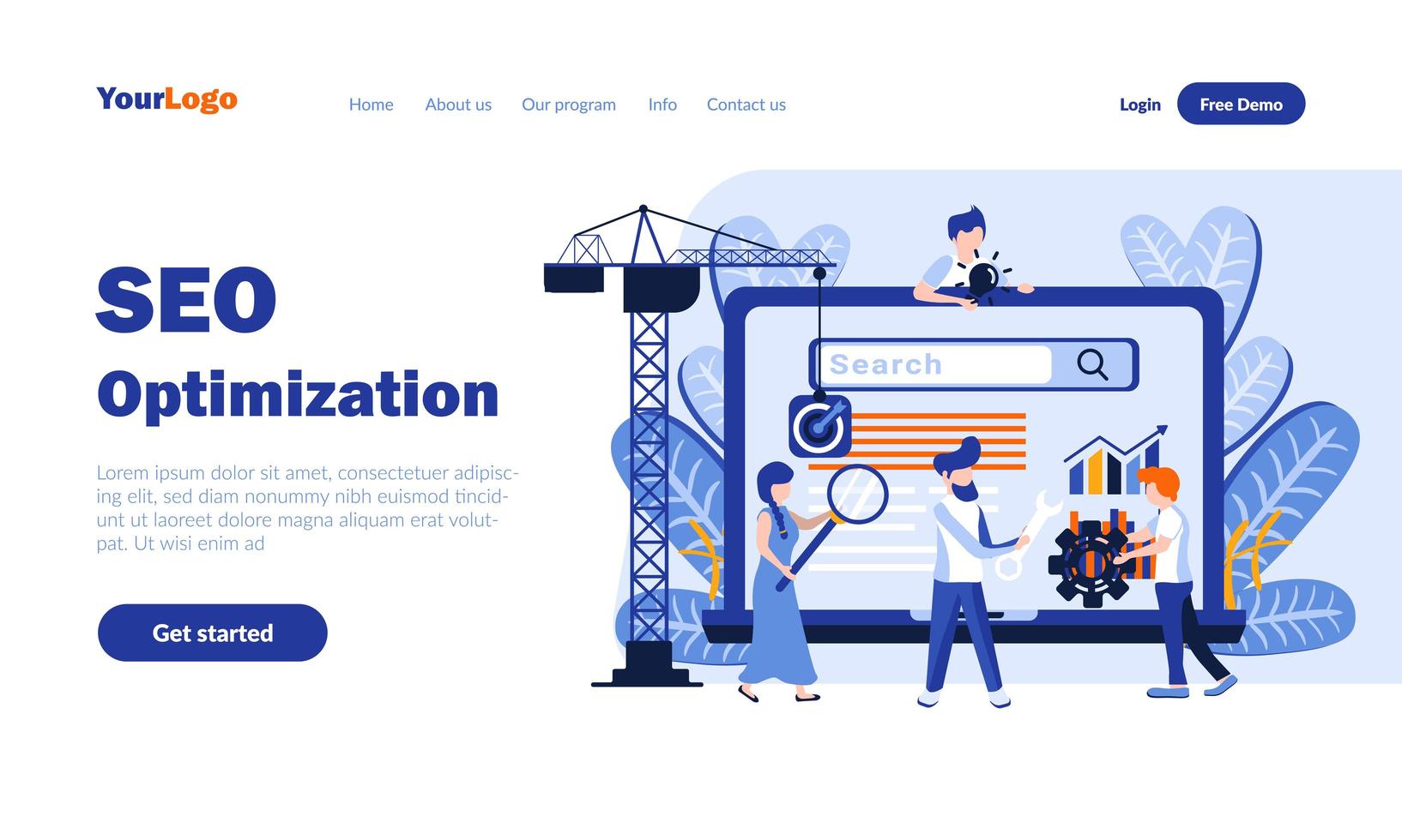 Seo optimization flat landing page template vector