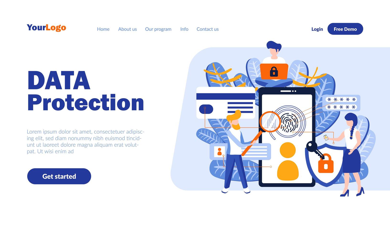 Data protection flat landing page template vector