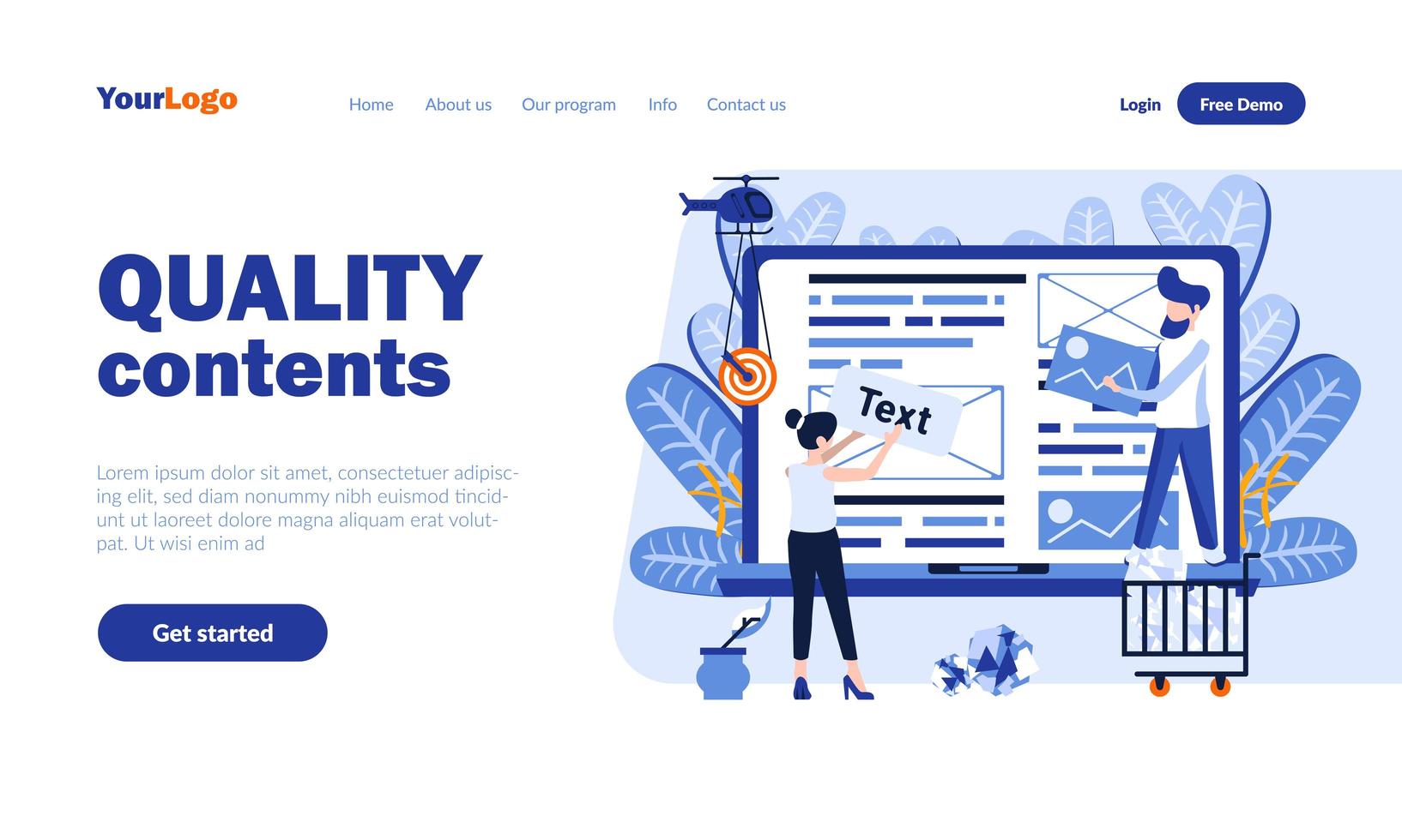 Quality contents landing page template vector