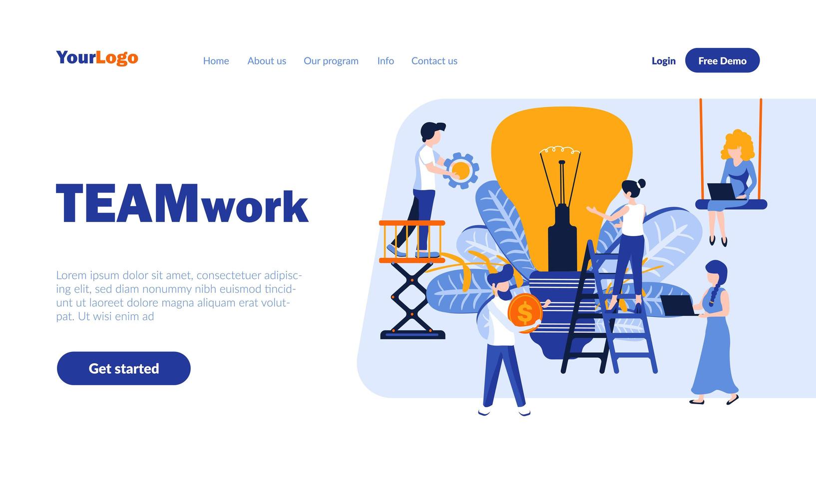 Teamwork flat landing page template vector