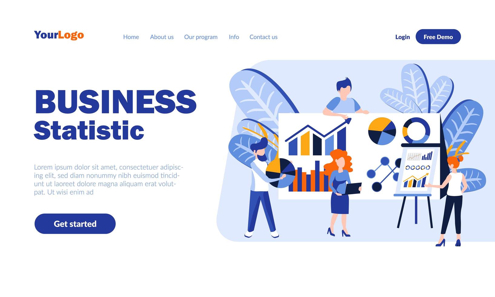 Business statistics flat landing page template vector