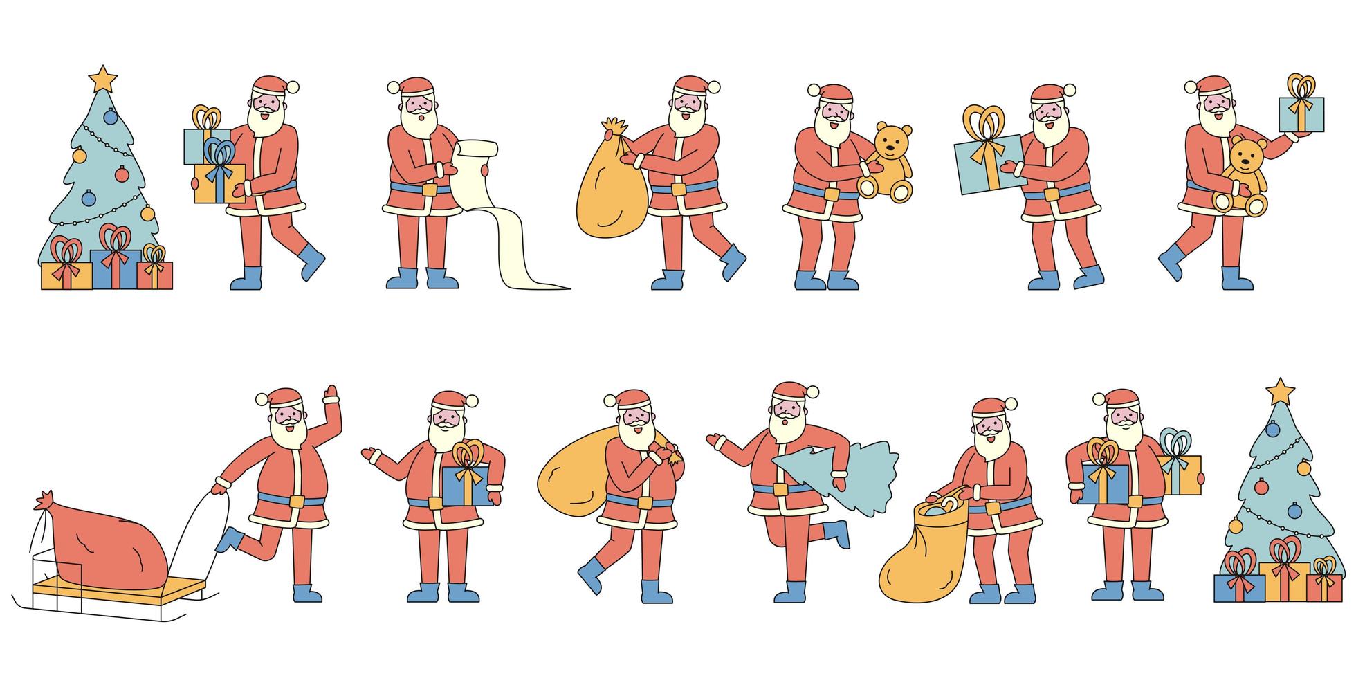 santa claus con regalos conjunto de diseño plano vector