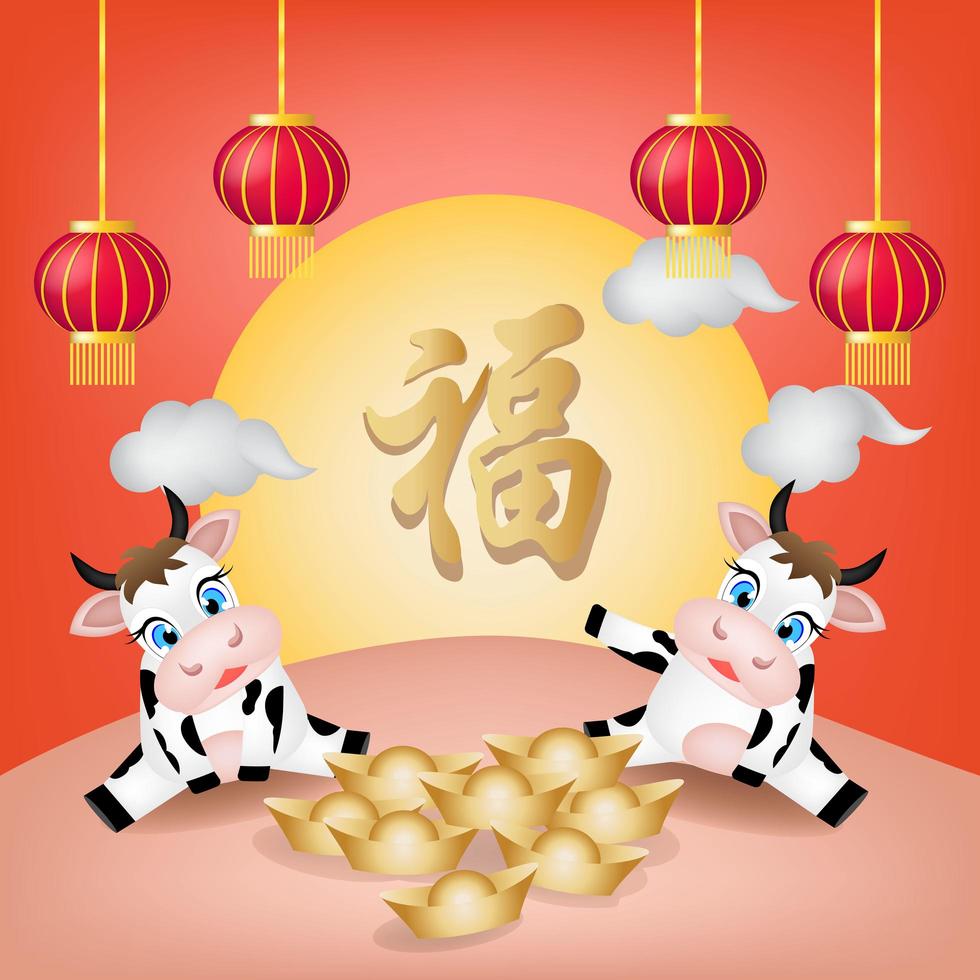 OX happy fortune greeting with hanging lanterns vector